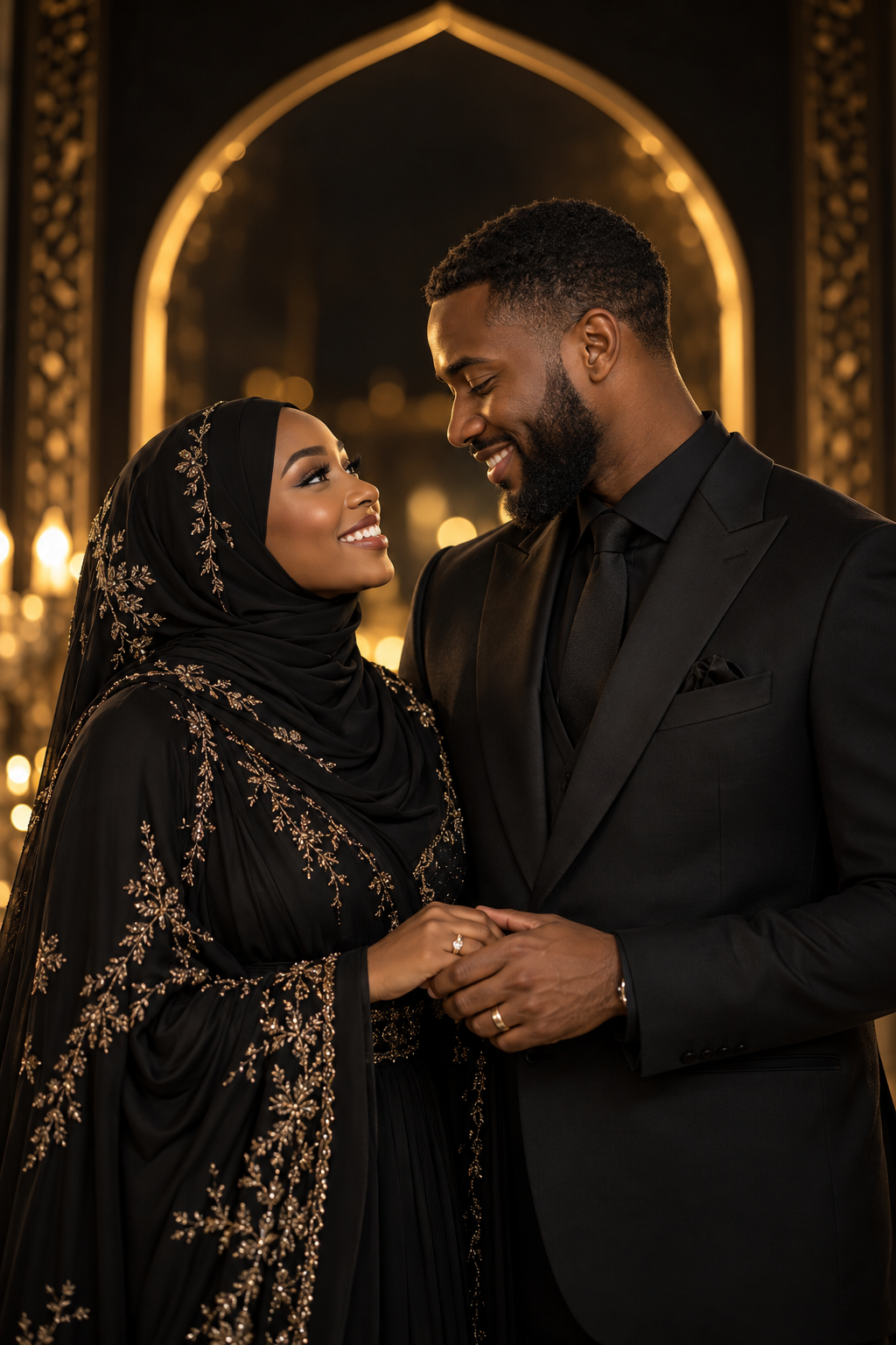 Illustrative Black Muslim couple in elegant black and gold attire